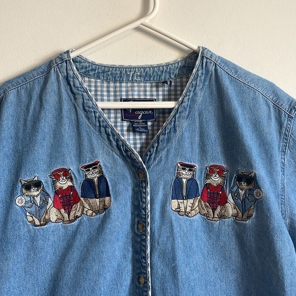 90s Cottage Cat Embroidered Cool Shirt Denim Granny Large Jean Blue Catlady - Picture 4 of 16